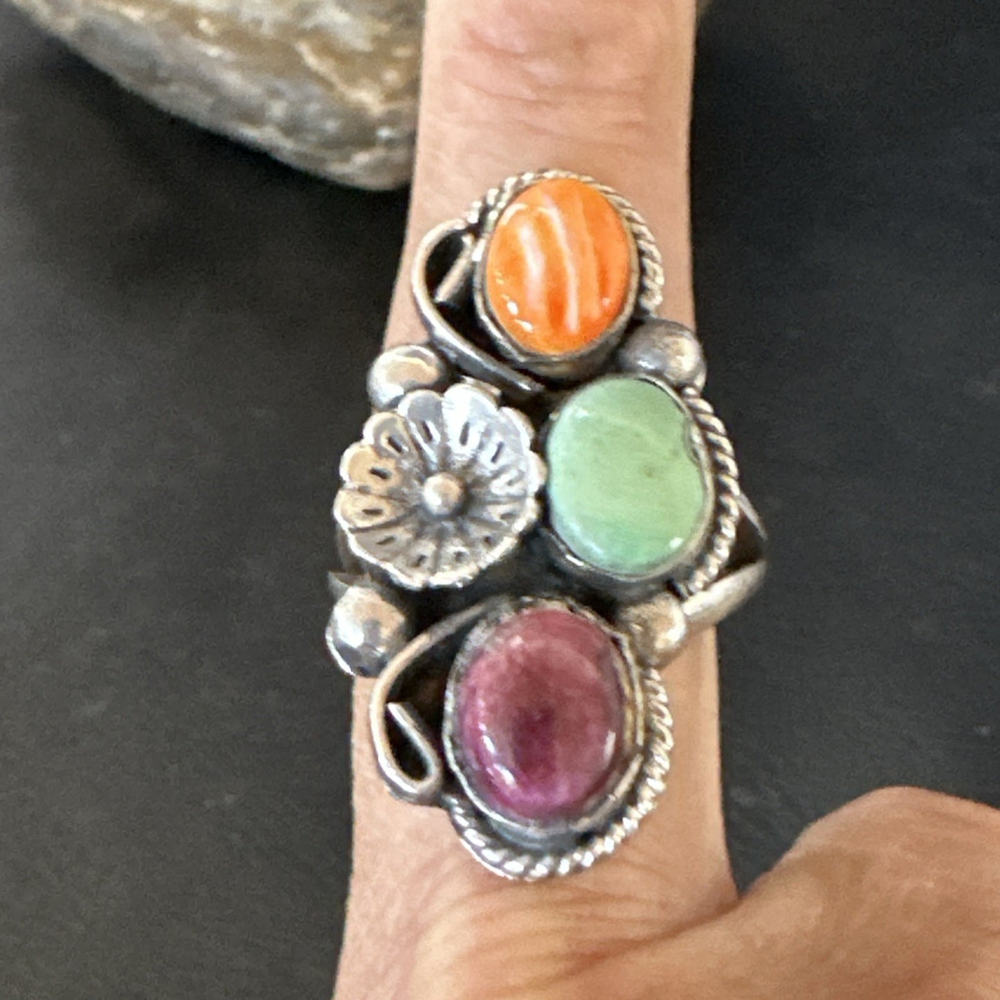 Multicolor Ring Turquoise Spiny Navajo Sterling Silver Cluster Size 9 19174