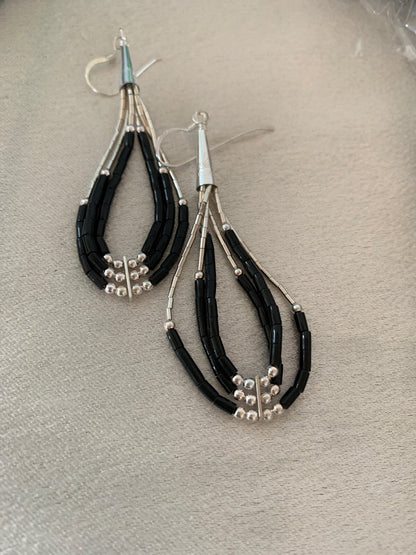 Handmade Native  Sterling Silver Heishi Black Onyx Dangle Earrings 2" 10054