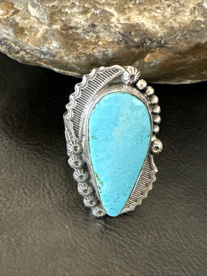 Navajo Sterling Silver Blue Kingman Turquoise Adjustable Ring Sz 7 18772