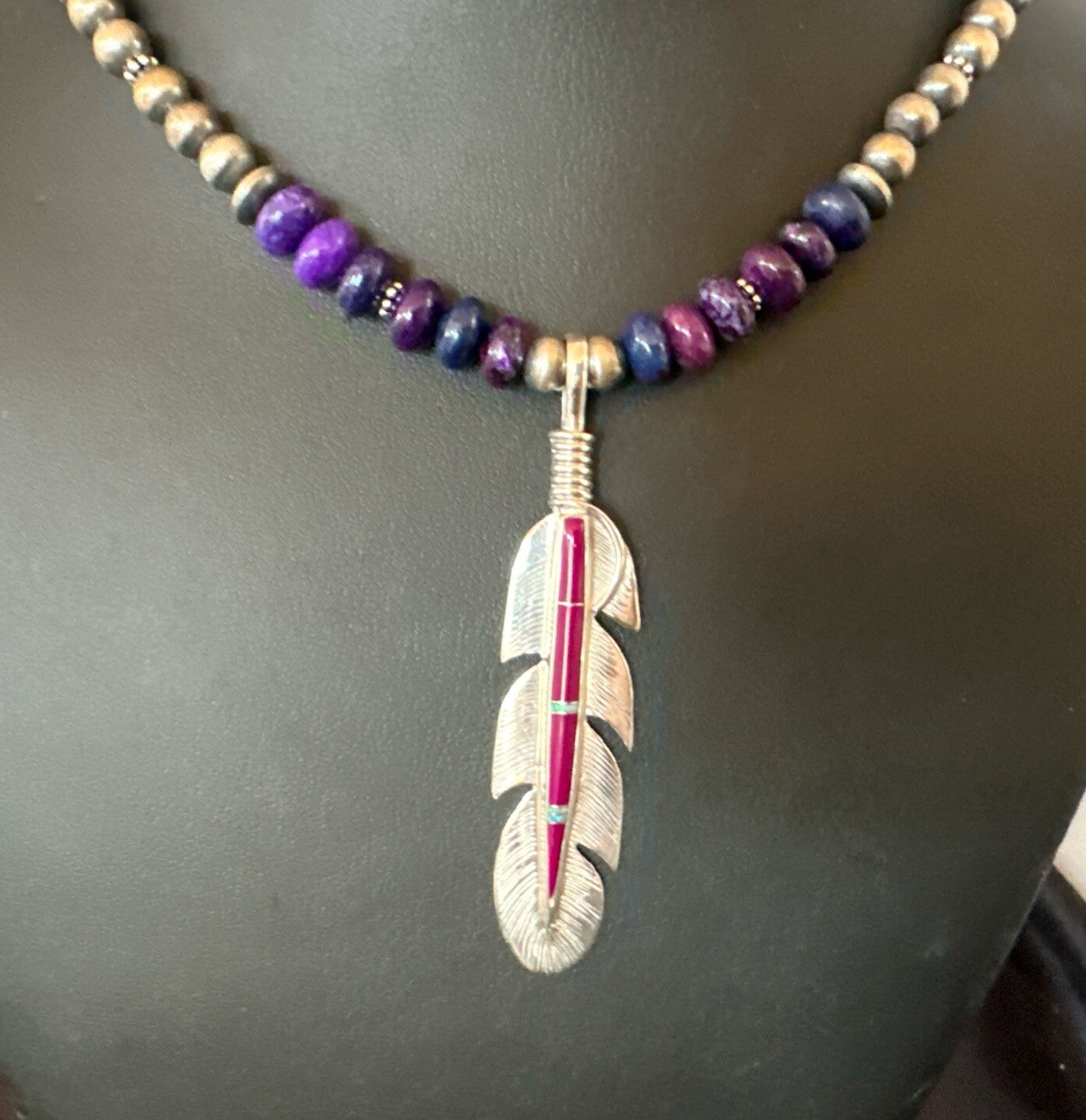 Feather Purple Stone Opal Pendant Sterling Silver Necklace 21” 18671