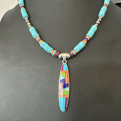 Multicolor Turquoise Spiny Navajo Sterling Silver Inlay Pendant Necklace 19644