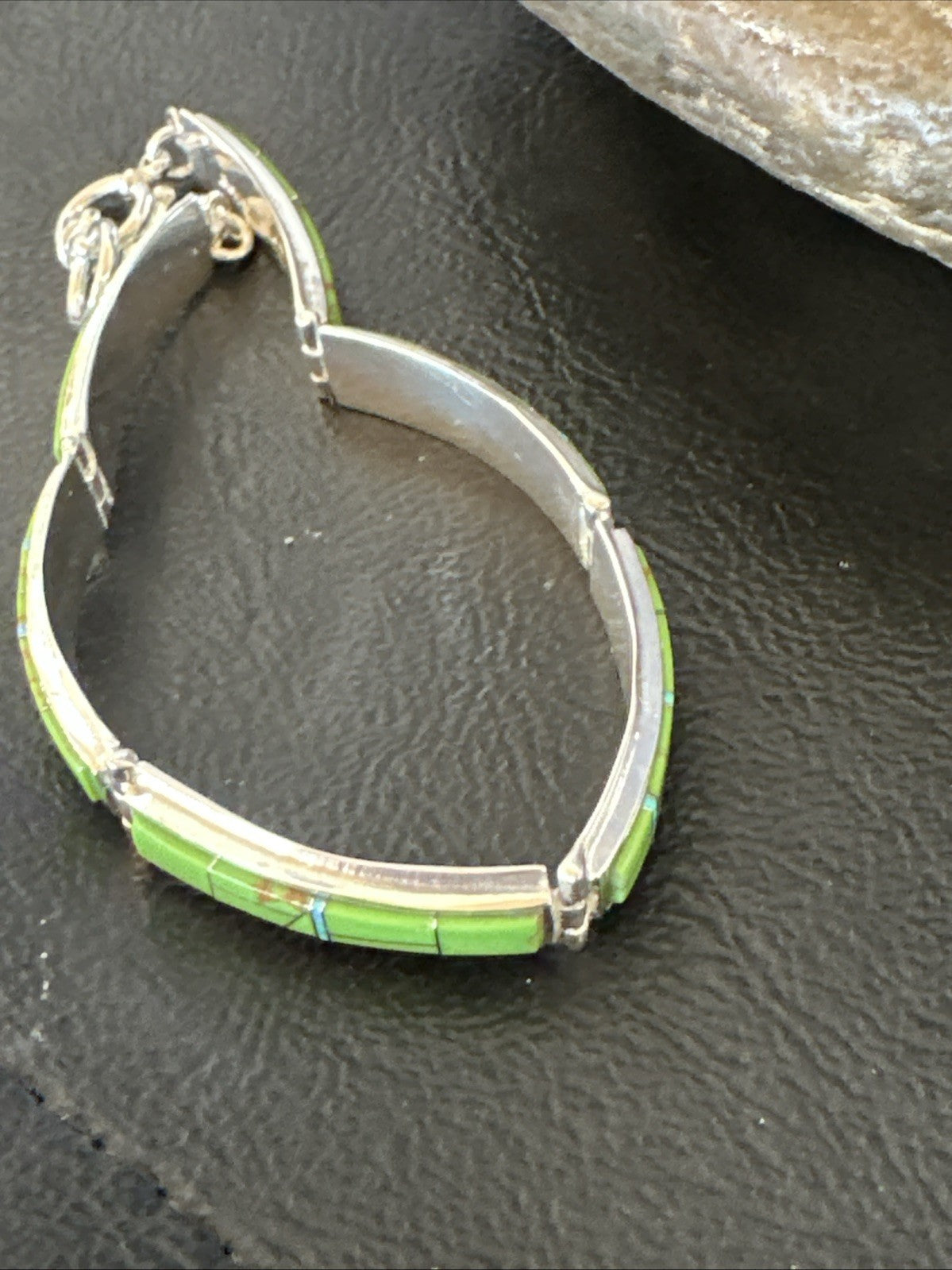 Womens Green Gaspeite Inlay Link Bracelet 7.5” Sterling Silver 19152