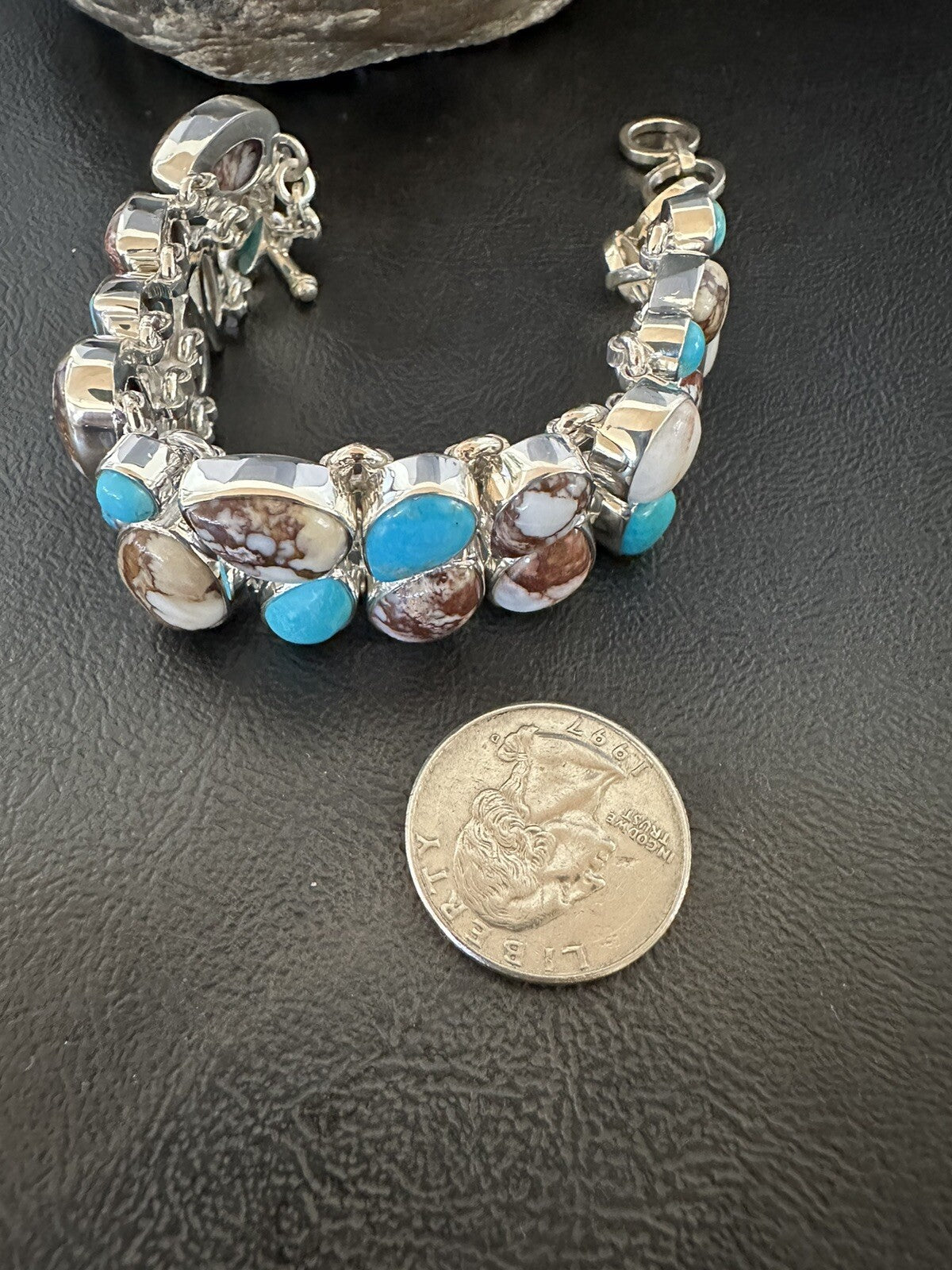 WoMen Blue Wild Horse Turquoise Sterling Silver Southwestern Link Bracelet 17973