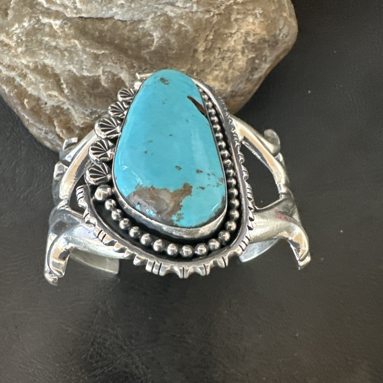 Mens Blue Kingman Turquoise Navajo Sterling Silver Cuff Bracelet 19348