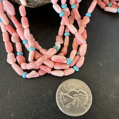 Navajo Blue Turquoise Pink Coral Sterling Silver 5 Strand Necklace 20” 17840