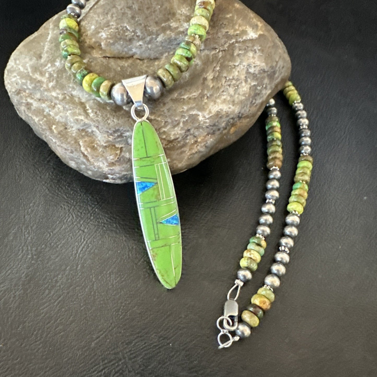 Womens Green Gaspeite Turquoise Opal Pendant Sterling Silver Necklace 19549