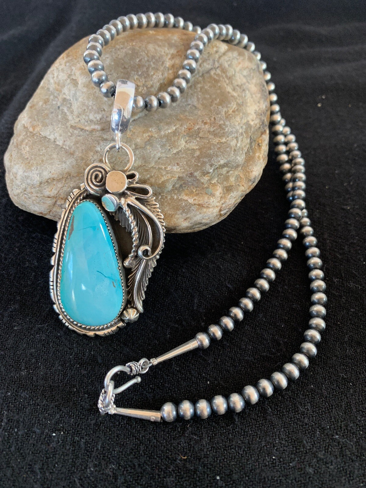 Royston Turquoise Pendant Navajo Sterling Silver Beads Necklace 08735