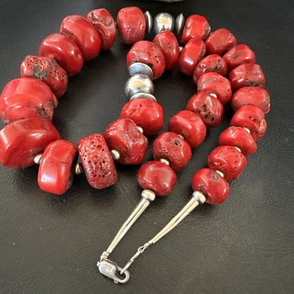 Chunky Navajo Red Bamboo Coral Sterling Silver Bead Necklace 24” Graduated 19531