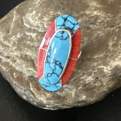 Blue Turquoise Coral Navajo Sterling Silver Ring Size 8.5 18763