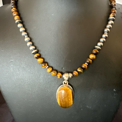 Coffee Brown Tigers Eye Sterling Silver Pendant Necklace Southwestern 18288