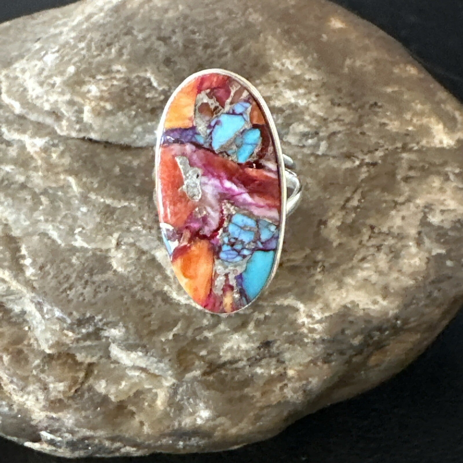 Blue Turquoise Spiny Oyster Southwestern Sterling Silver Ring Size 6 18514