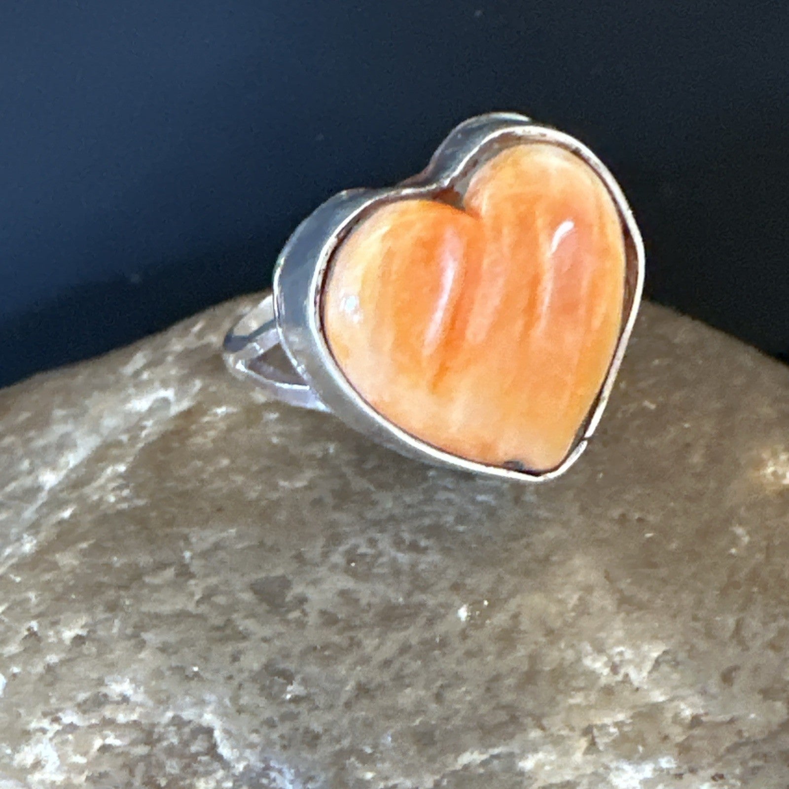 Orange Heart Ring Handmade Navajo Spiny Oyster Sterling Silver Sz 7.5 19331