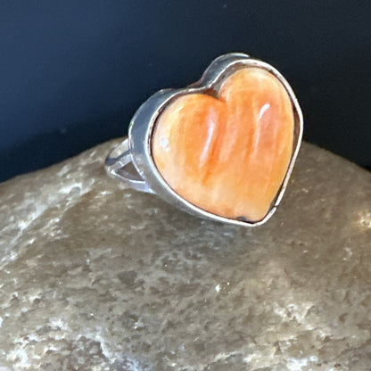 Orange Heart Ring Handmade Navajo Spiny Oyster Sterling Silver Sz 7.5 19331