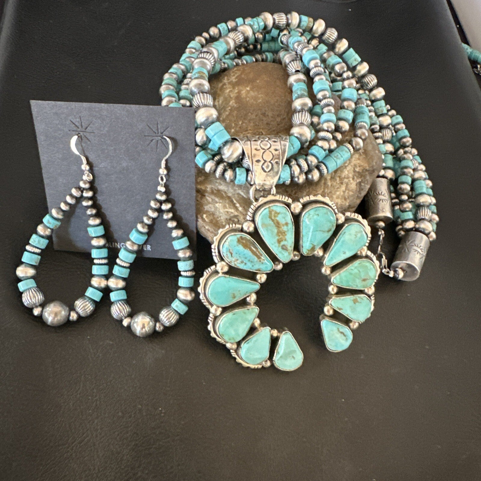 Blue Turquoise Naja Pendant Navajo Sterling Silver Earrings Necklace 21" 16865