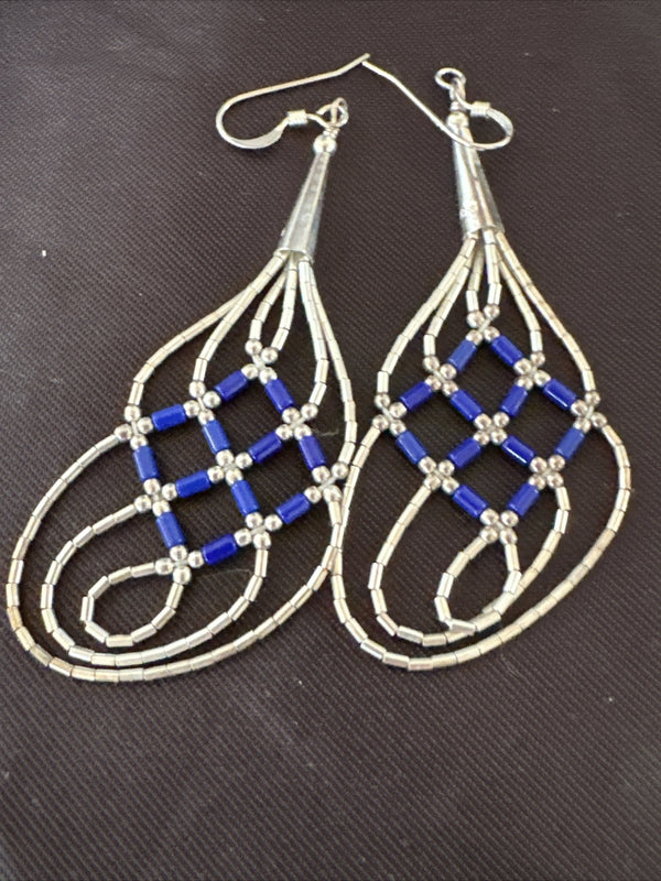 Blue Lapis 3 Strand Heishi Liquid Dangle Earrings | Sterling Silver | Authentic Native American Handmade | 17737