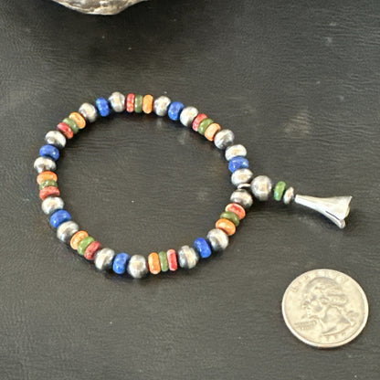Multicolor Lapis Turquoise Stretch Bead Bracelet Navajo Sterling Silver 17908