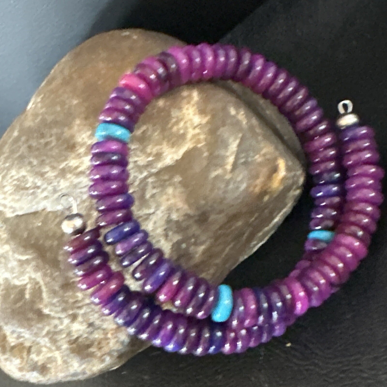Purple Stone Turquoise 8mm Wire Bead Bracelet Navajo Sterling Silver 15241