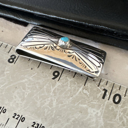 Mens Blue Turquoise Navajo Credit Card Holder Stamped Silver Money Clip 19734