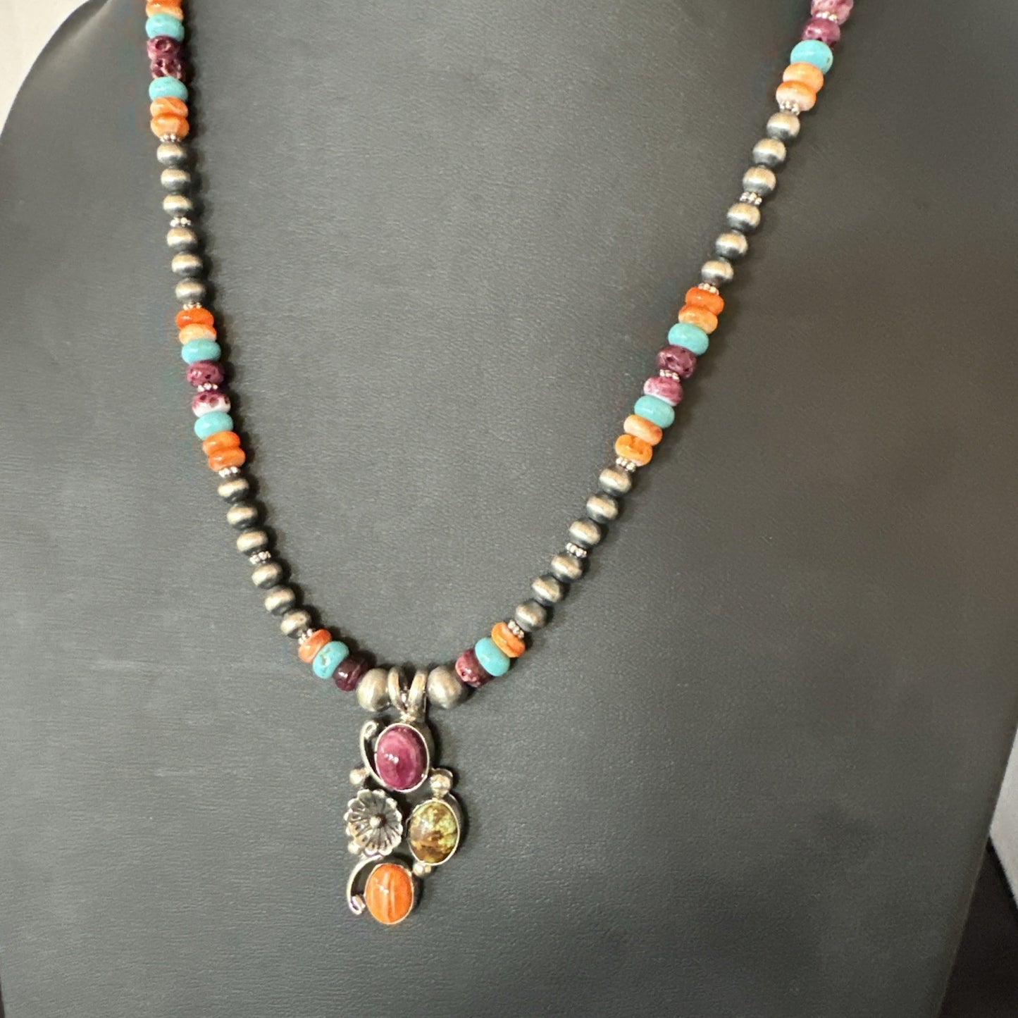 Multicolor Turquoise Spiny Navajo Sterling Silver Cluster Pendant Necklace 19640