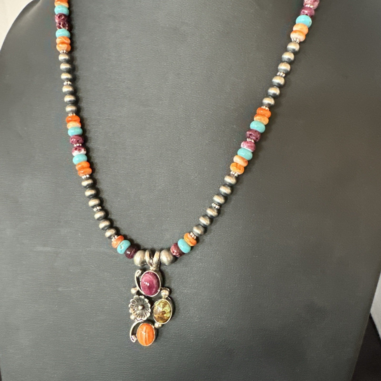Multicolor Turquoise Spiny Navajo Sterling Silver Cluster Pendant Necklace 19640