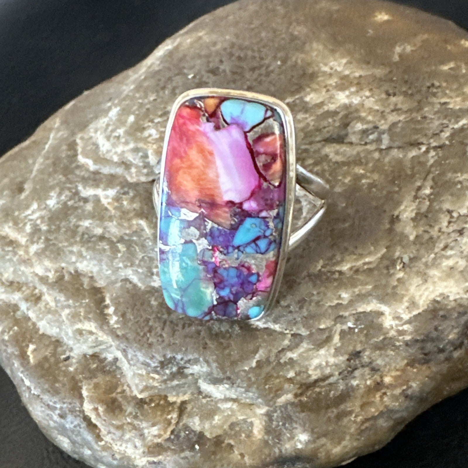 Blue Turquoise Spiny Oyster Southwestern Sterling Silver Ring Size 11 19058