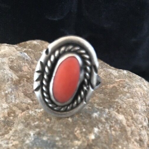 Red Coral Navajo Sterling Silver Old Pawn Ring Size 6 03485