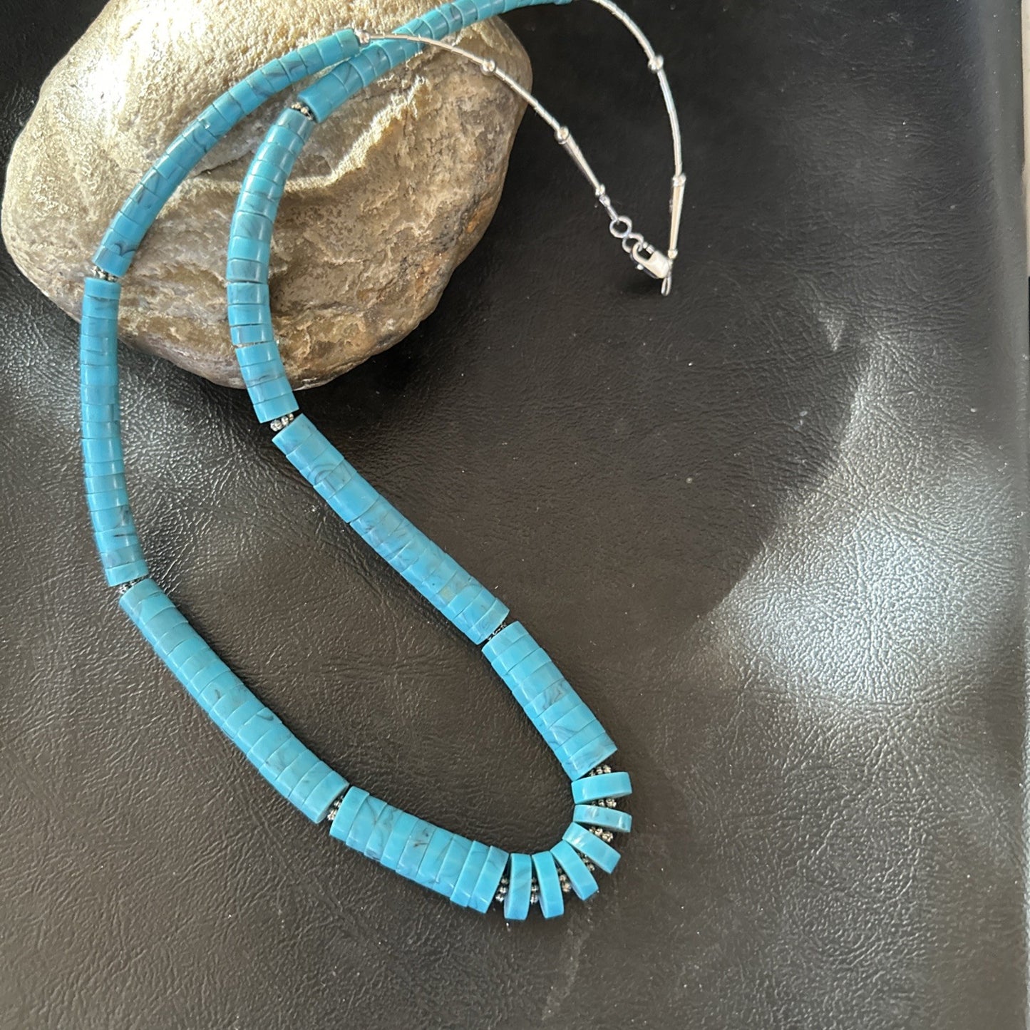 Blue Robin Egg Turquoise Heishi Stabilized Graduated Sterling 23” Necklace 19725