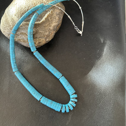 Blue Robin Egg Turquoise Heishi Stabilized Graduated Sterling 23” Necklace 19725