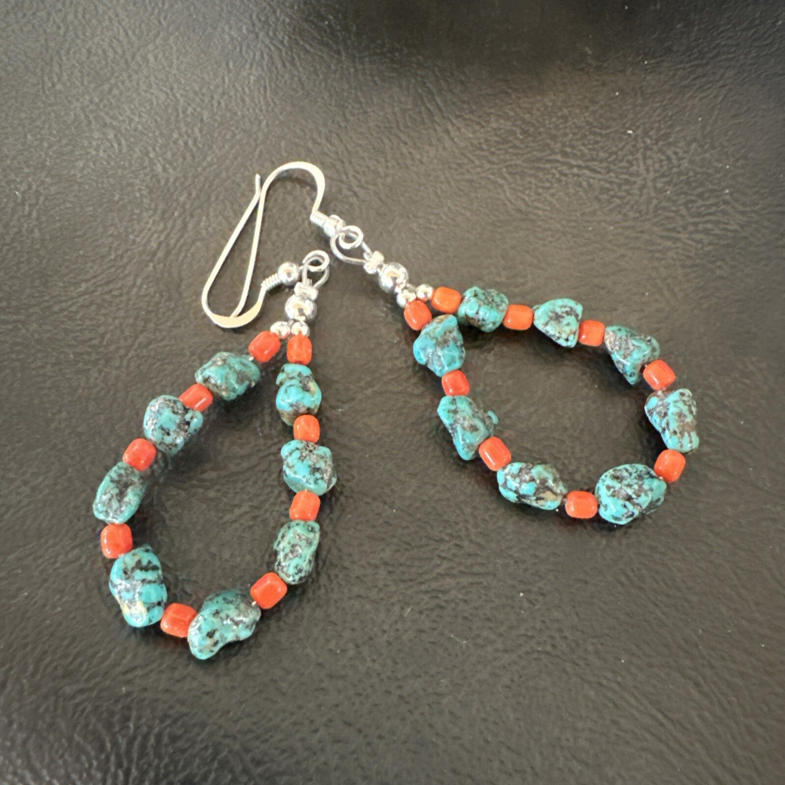Blue Kingman Nugget Turquoise Coral Navajo Sterling Silver Earrings 2” 18836