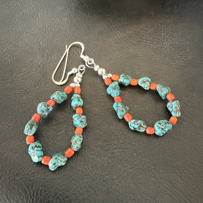 Blue Kingman Nugget Turquoise Coral Navajo Sterling Silver Earrings 2” 18836