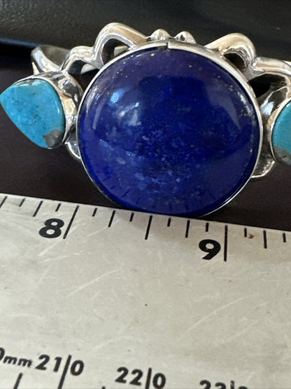 Kingman Turquoise Lapis Navajo Sterling Silver Tufa Cast Cuff Bracelet 17984