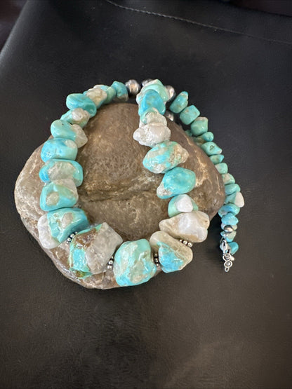 Blue Armenian Turquoise Chunky Nugget Navajo Sterling Silver Necklace 19” 18317