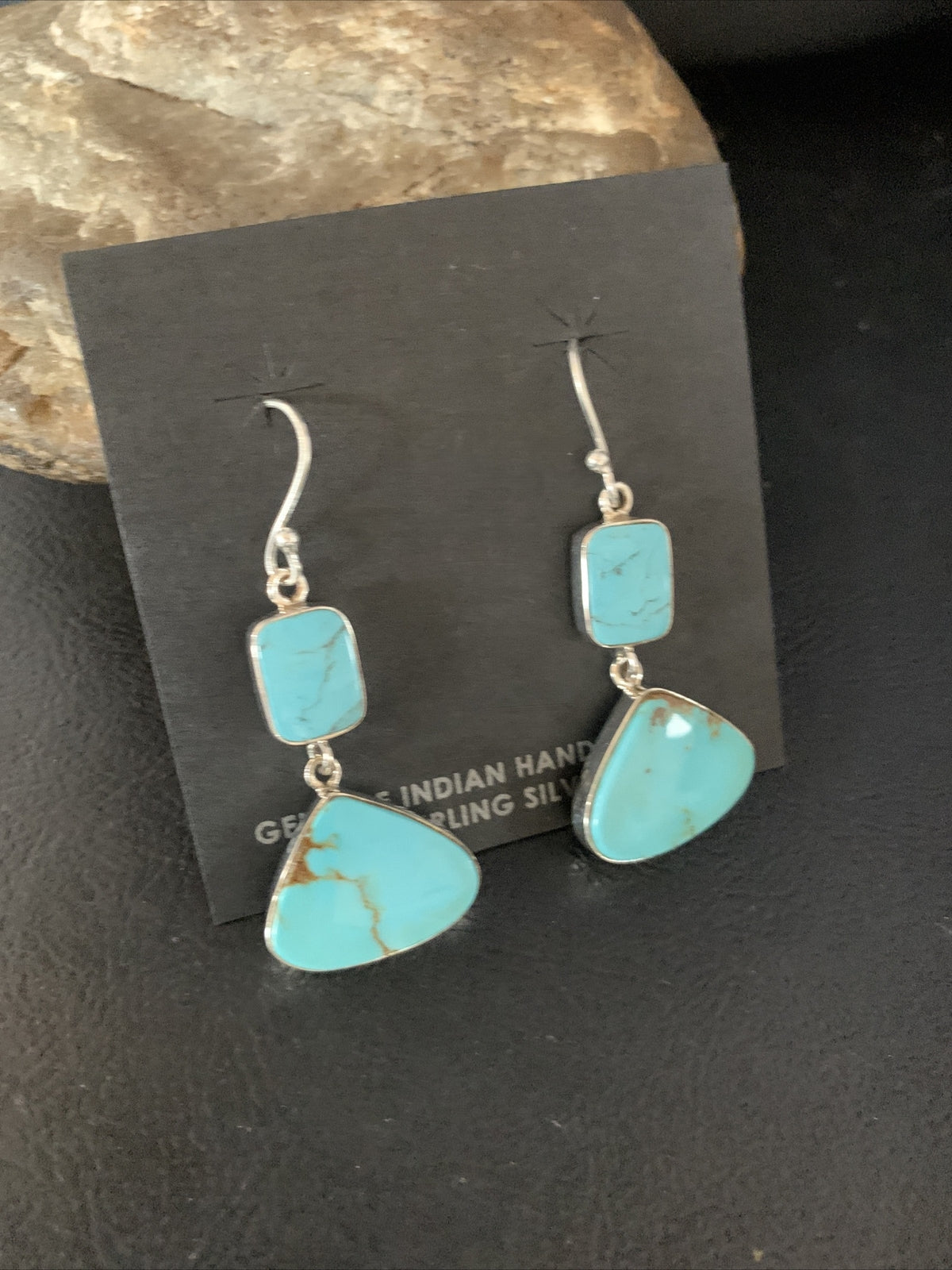 Blue Kingman Turquoise Navajo Sterling Silver Dangle Earrings 1.5" 14076