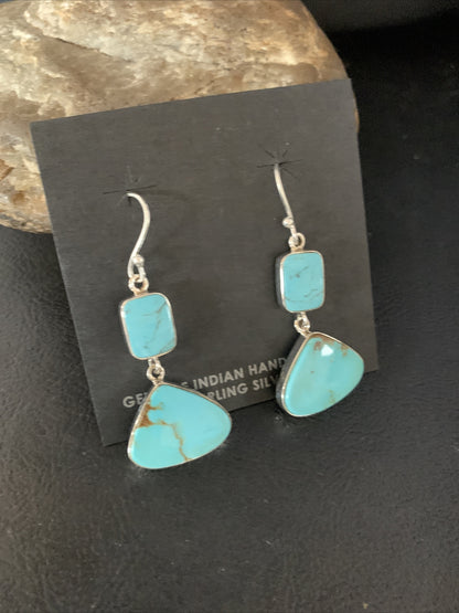 Blue Kingman Turquoise Navajo Sterling Silver Dangle Earrings 1.5" 14076