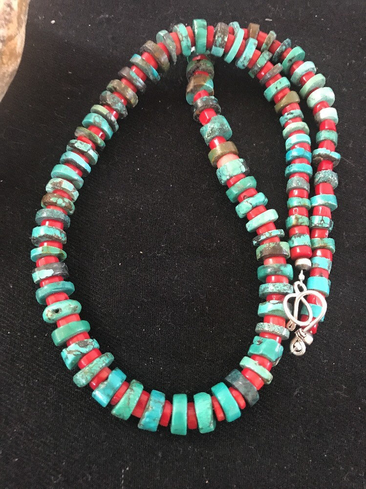 Navajo Mens  Sterling Silver Heishi Turquoise Coral Necklace 8506