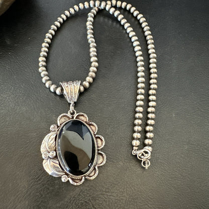 Mens Womens Black Onyx Pendant Navajo Sterling Silver Beads Necklace 18306