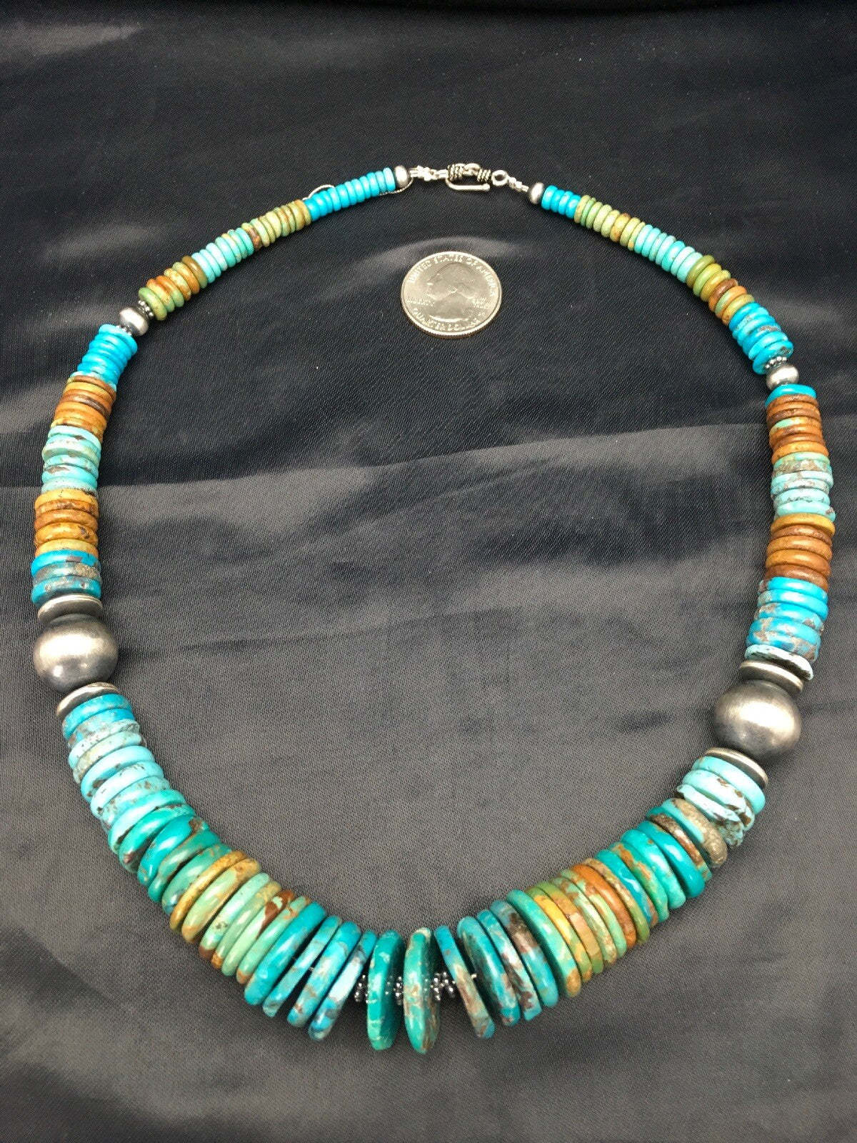 Blue Green Turquoise Navajo Sterling Silver Beads Necklace 02607