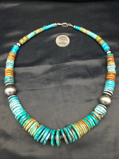 Blue Green Turquoise Navajo Sterling Silver Beads Necklace 02607