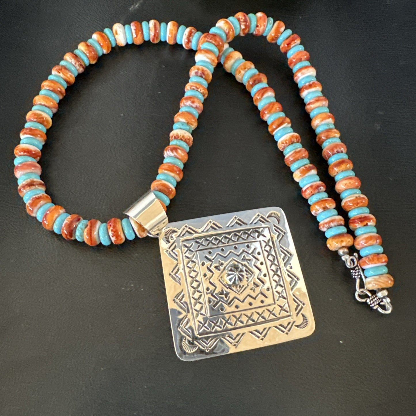 Orange Spiny Oyster Turquoise Navajo  Pendant Sterling Silver Necklace 21” 19043
