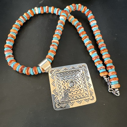 Orange Spiny Oyster Turquoise Navajo  Pendant Sterling Silver Necklace 21” 19043
