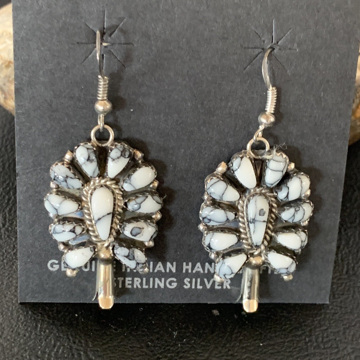 Cluster Navajo White Buffalo Turquoise Sterling Silver Dangle Earrings 12837