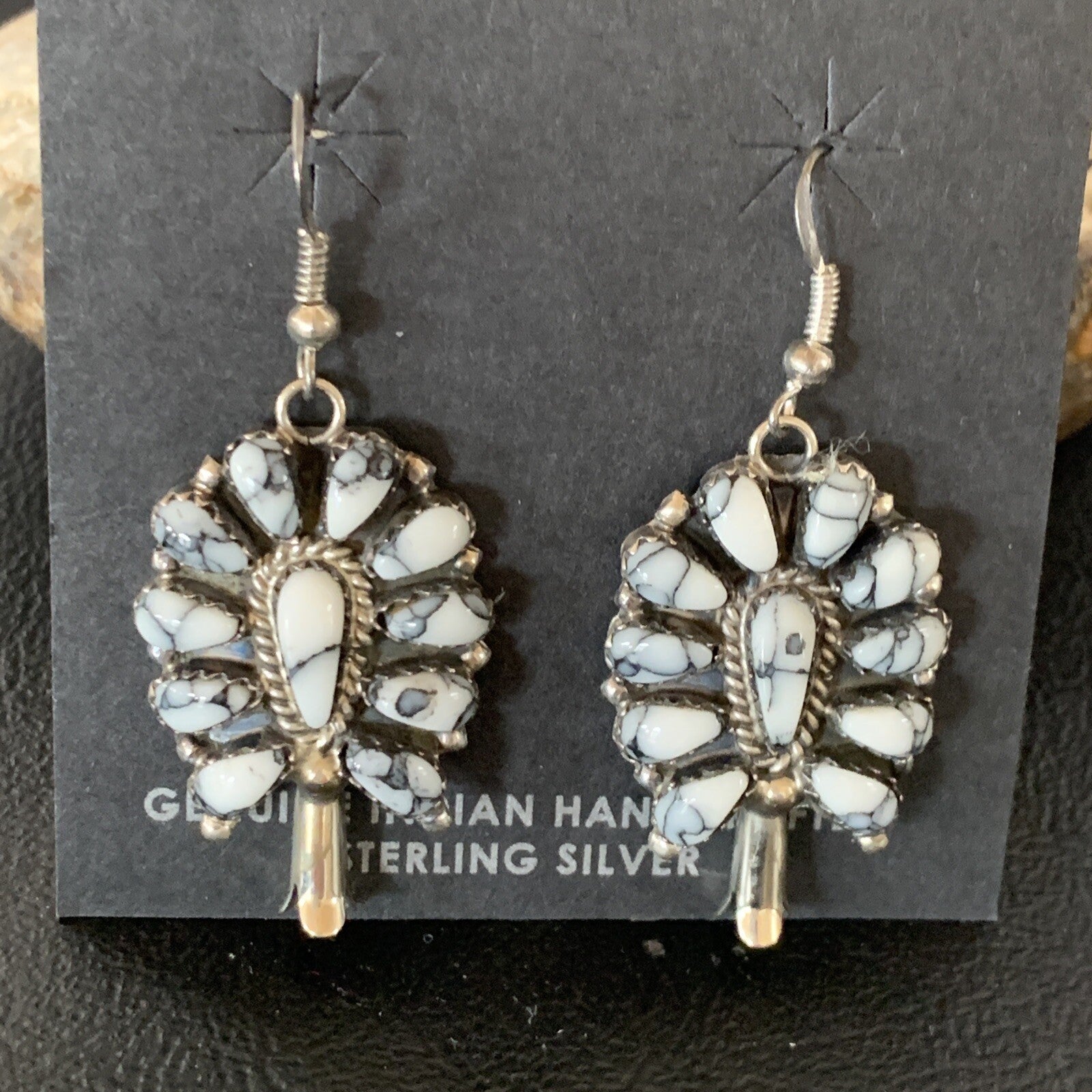 Cluster Navajo White Buffalo Turquoise Sterling Silver Dangle Earrings 12837