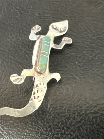 Blue Turquoise Navajo Sterling Silver Inlay Gecko Lizard Pin 18156
