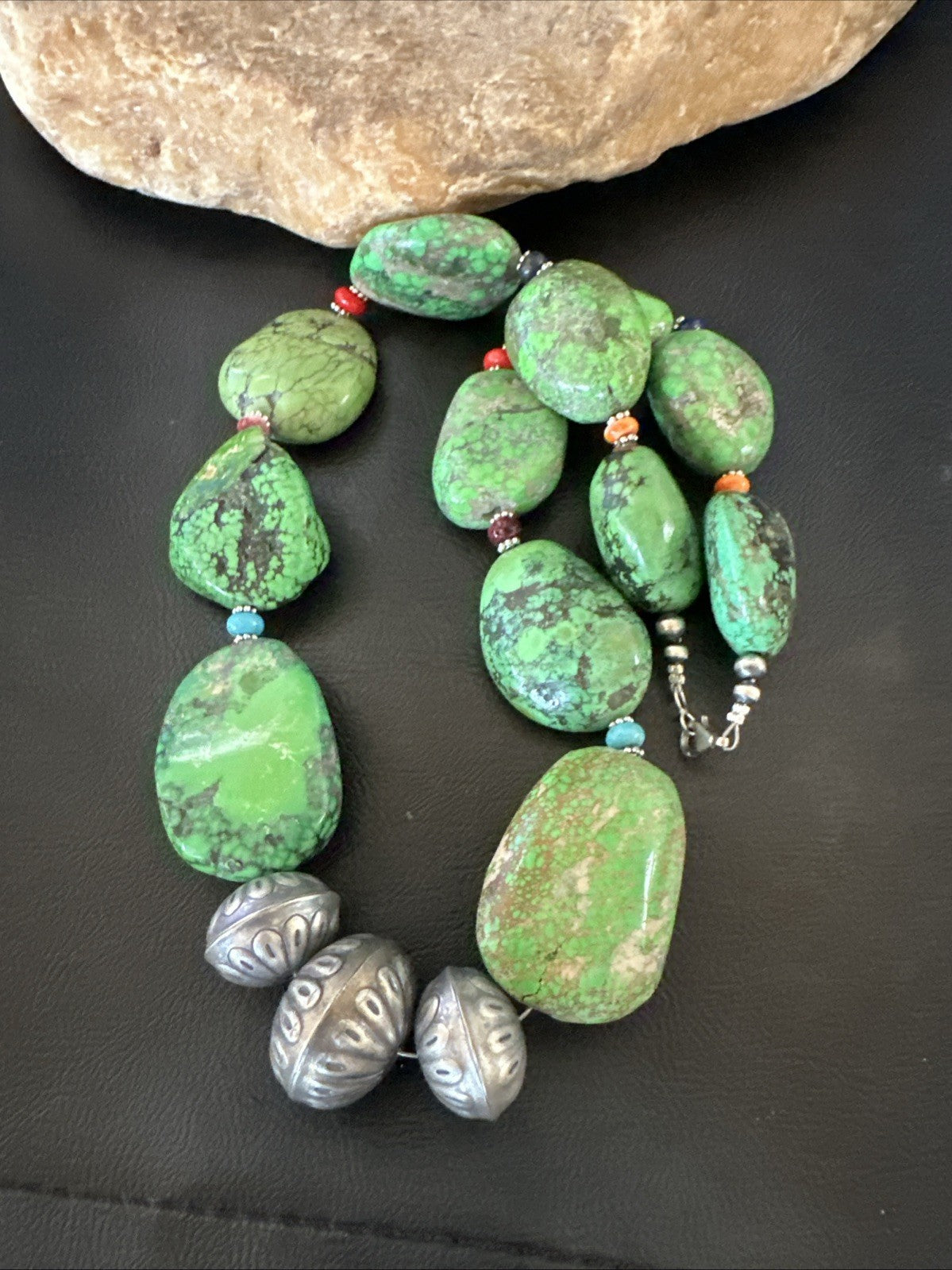 Green Turquoise Chunky Multicolor Southwest Sterling Silver Necklace 21" 19251