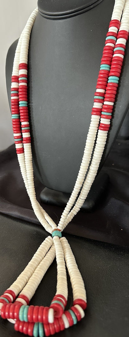 Red Coral White Turquoise 2 St Native American Santo Domingo Necklace 28" 19440