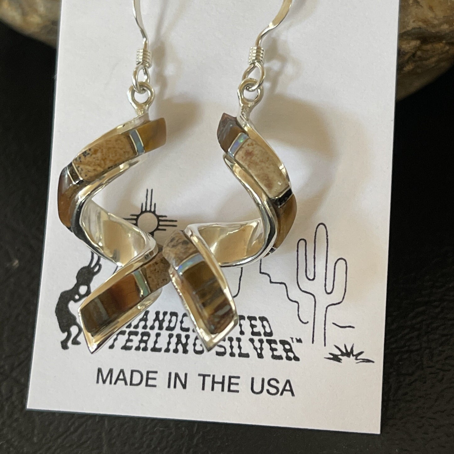 Tiger's Eye & Opal Inlay Swirl Navajo Sterling Earrings 1.25" 1552