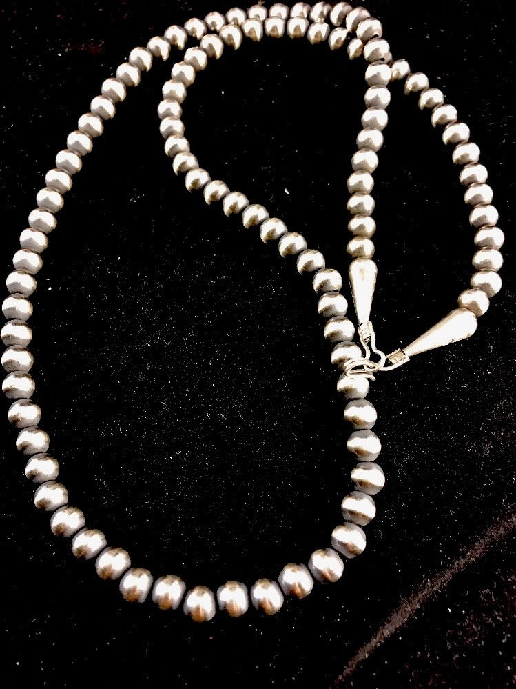 Native American 5mm Sterling Silver Beads Navajo 24" Hook & Eye Cone Necklace