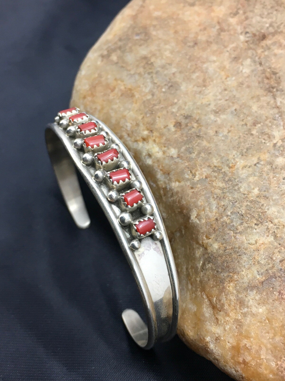 Native American Indian Coral Petite Navajo Sterling Silver Bracelet 04027