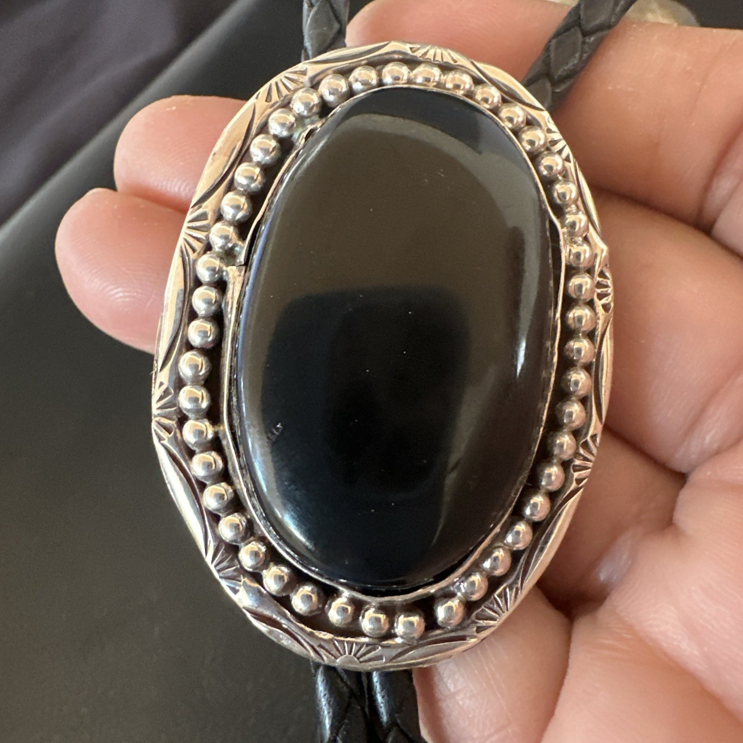 Mens Black Onyx Navajo Sterling Silver Bolo Tie 19053