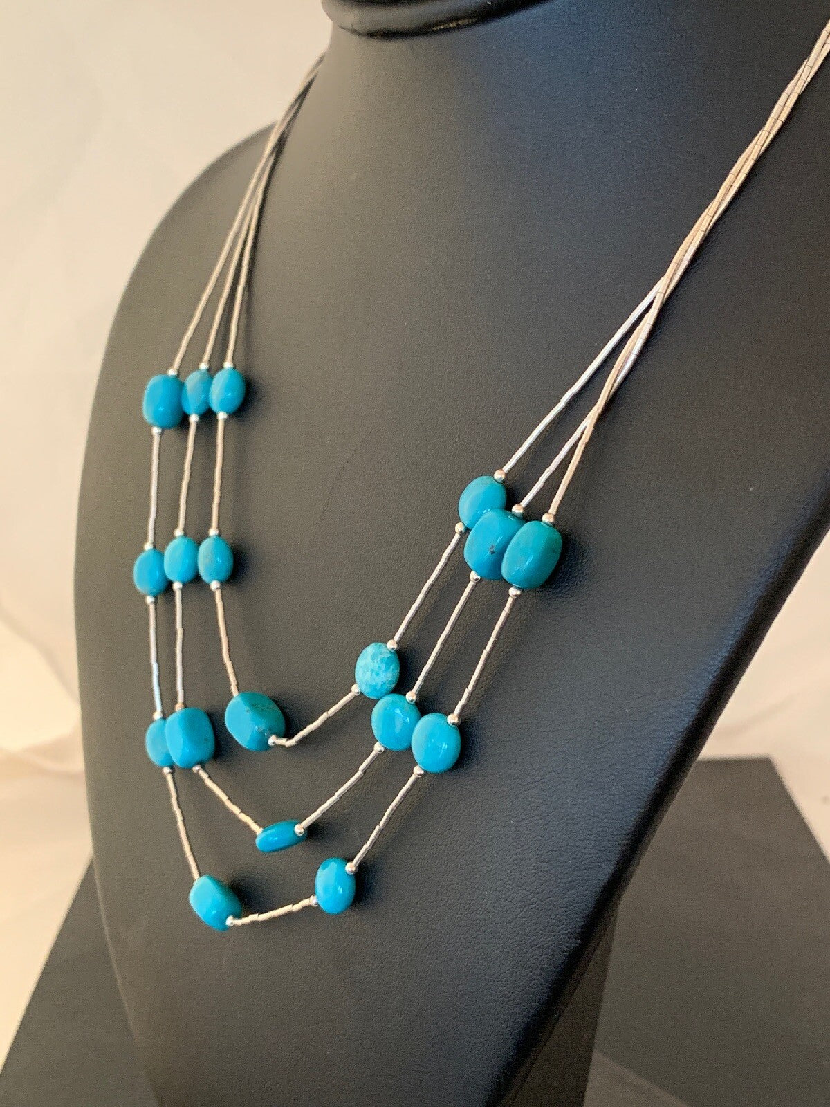 Liquid Silver Heishi 3S Sterling Silver Tube Necklace Nugget Turquoise 03695